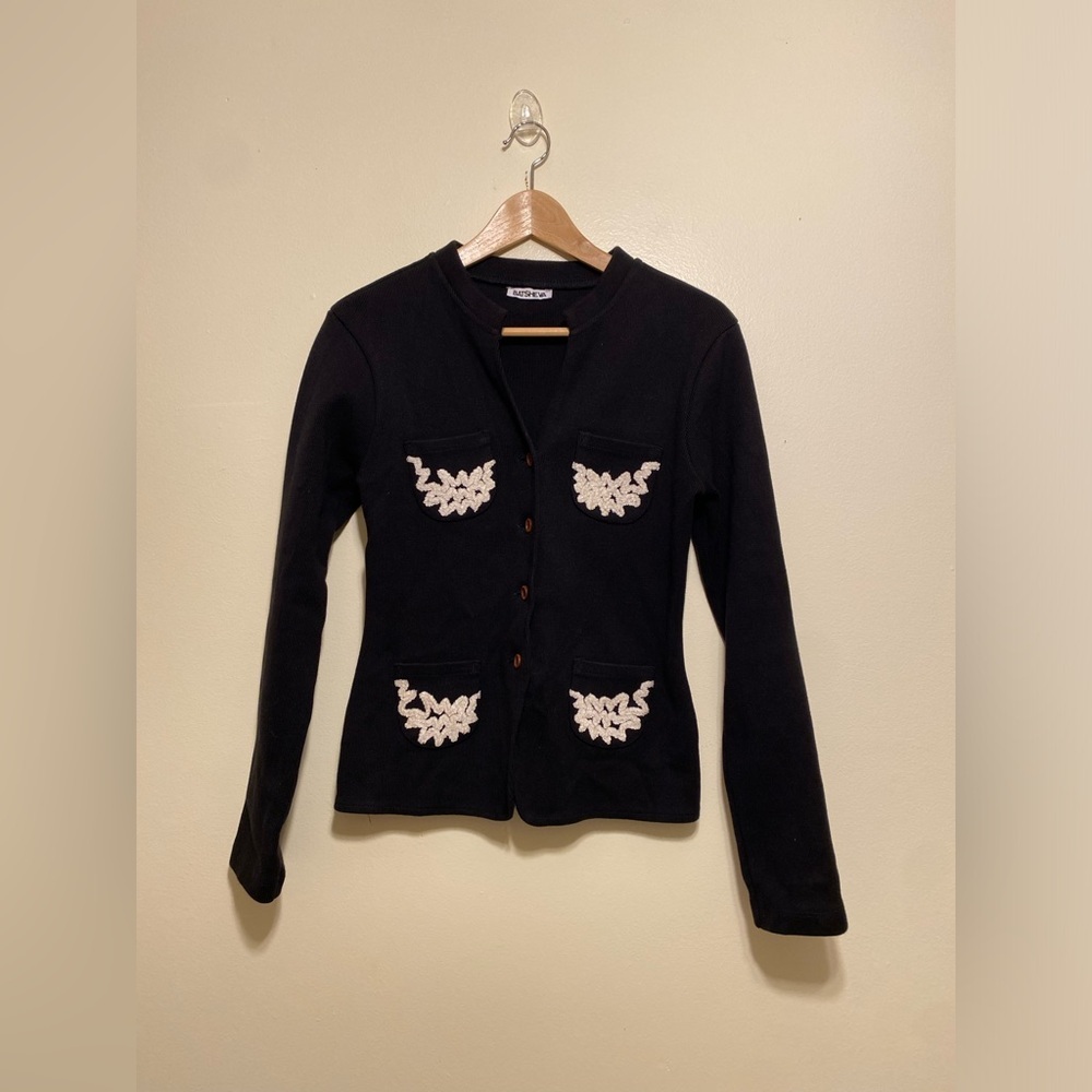 Batsheva Black Cardigan with Cream Appliqué Pockets.